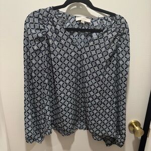 LOFT Navy and White Geometric Blouse